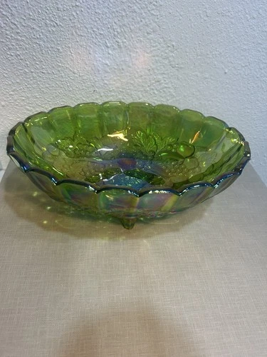 Indiana Iridescent Lime Green Carnival Glass Footed Oval Fruit Bowl Harvest VTG
