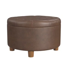 HomePop Tufted Faux Leather Round Storage Ottoman Brown: Upholstered Traditional