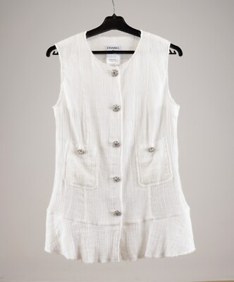 Women's Chanel White Cotton Sleeveless Blouse Shirt Size FR40 Jewel Buttons