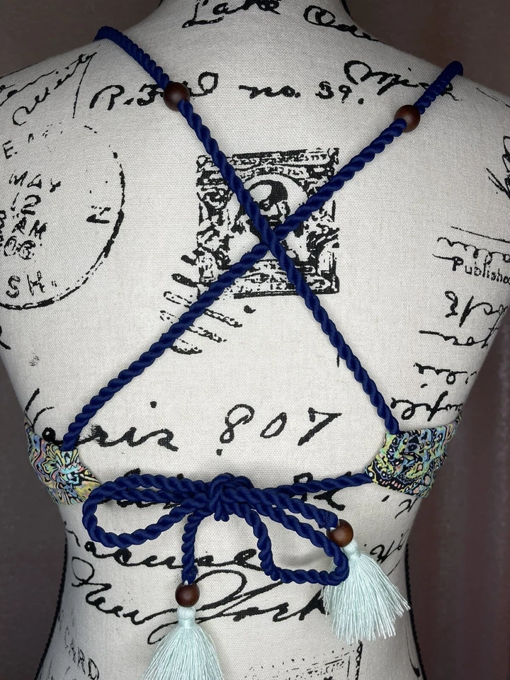 Victoria Secret The Getaway Halter Bikini Top 36C Tassel Blue Yellow Floral Sexy - Image 3 of 4