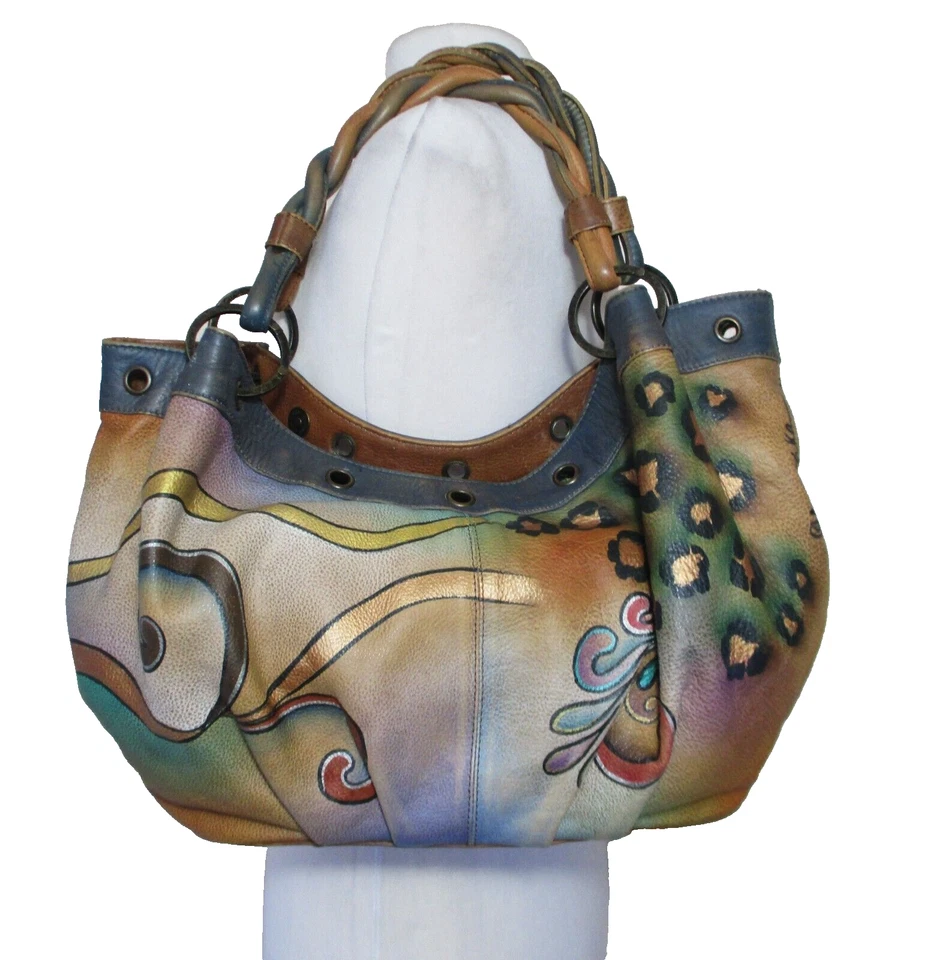 Bolso de mano de cuero Anuschka plumas de pavo real mariposas flores Foto 4 de 4