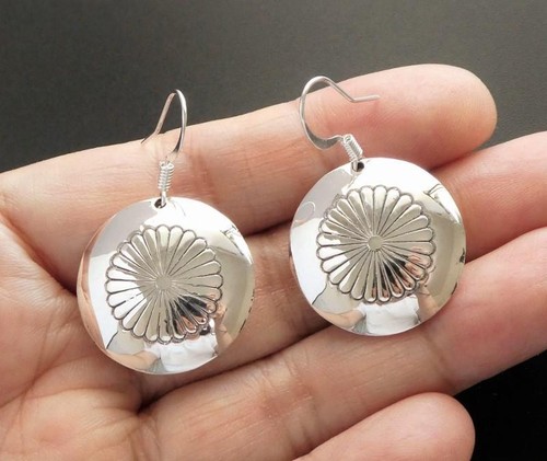 Native American Shiny Flower Sterling Silver Large Round Concho Drop Earrings - Picture 6 of 6