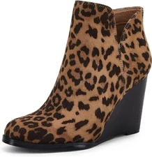 Leopard Women's Wedge Ankle Boots Zip-up Stacked Heel Faux Sue Size 9 NEW