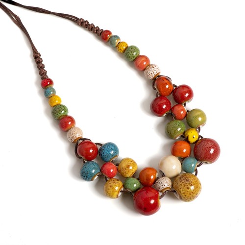 Colorful Handmade Ceramic Necklace- Boho Multilayer Adjustable Statement Jewelry - Picture 20 of 24