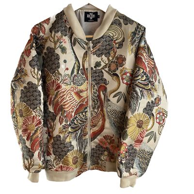 Hood Crew Men's Bomber Jacket, Full Embroidered Graphic Cranes, Herons, Size L