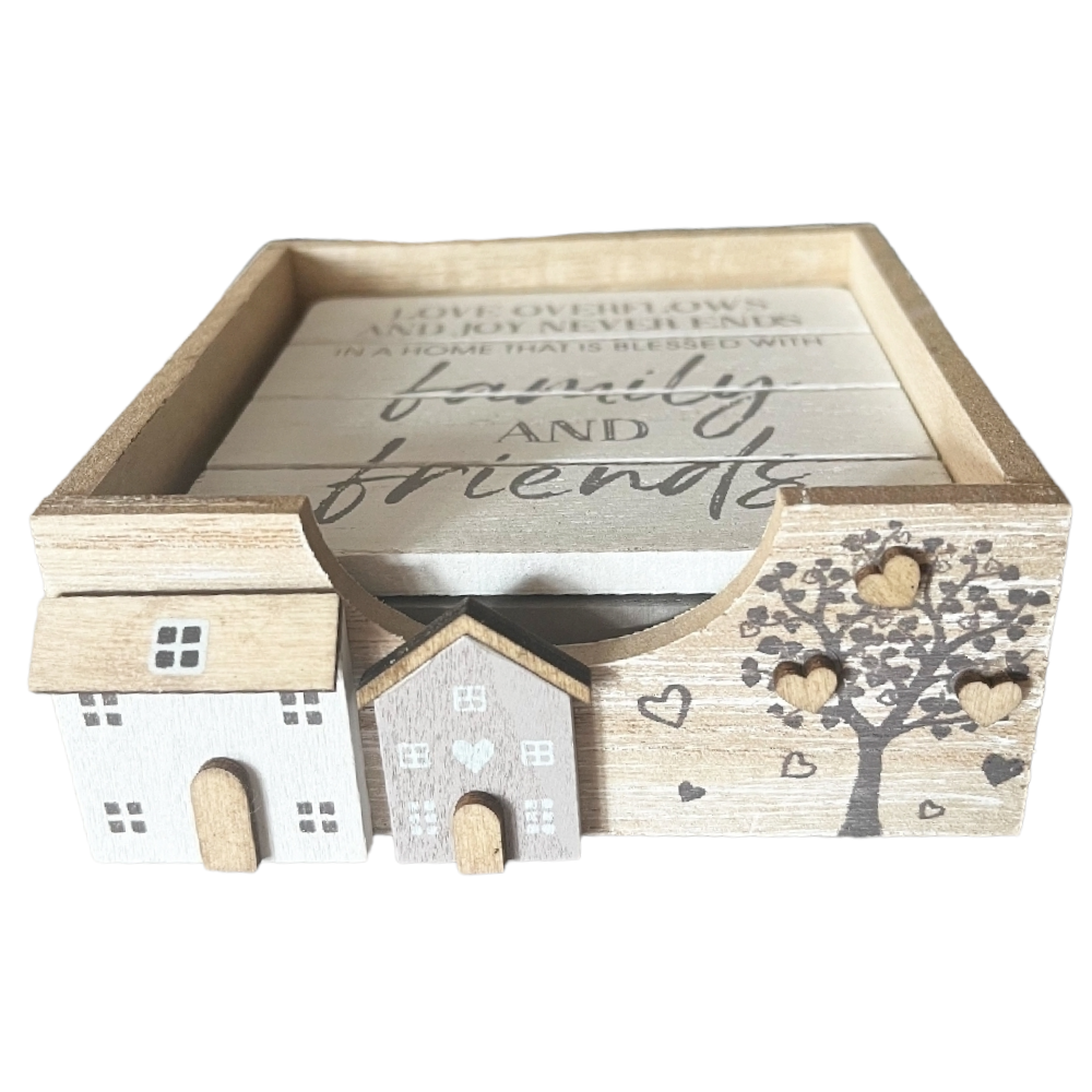Family & Friends Wooden Coaster Set with Holder - Wood - Set of 4