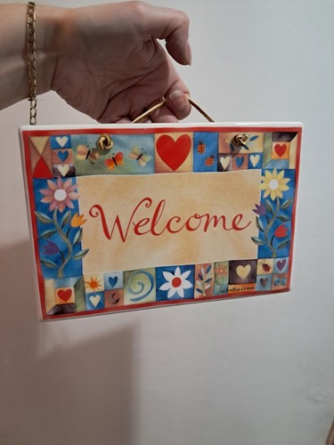 Challis & Roos Ceramic Welcome Sign Hearts Flowers Red White Blue Hanging Plaque - Picture 3 of 12