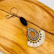 Handmade Fringe Boho Keychain Natural Stone Enamel Teardrop Blue Gold