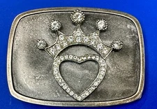 Heart and Crown Jeweled Rhinestone Accented Silver Color Belt Buckle