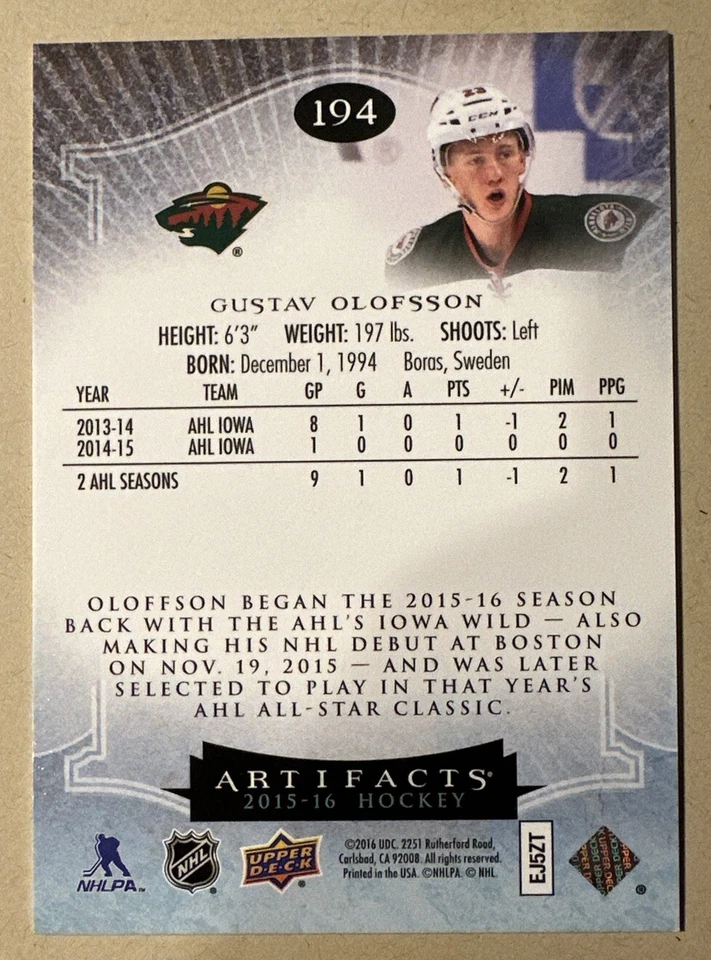 2015-16 Upper Deck Artifacts GUSTAV OLOFSSON Rookie #194 161/899 MINNESOTA WILD - Image 2 of 2