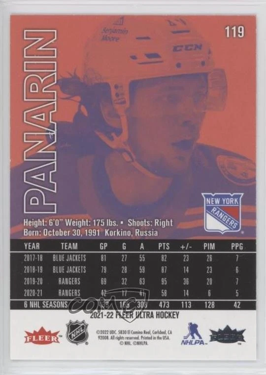 2021-22 Upper Deck Fleer Ultra Silver Foil Artemi Panarin #119 - Image 2 of 2