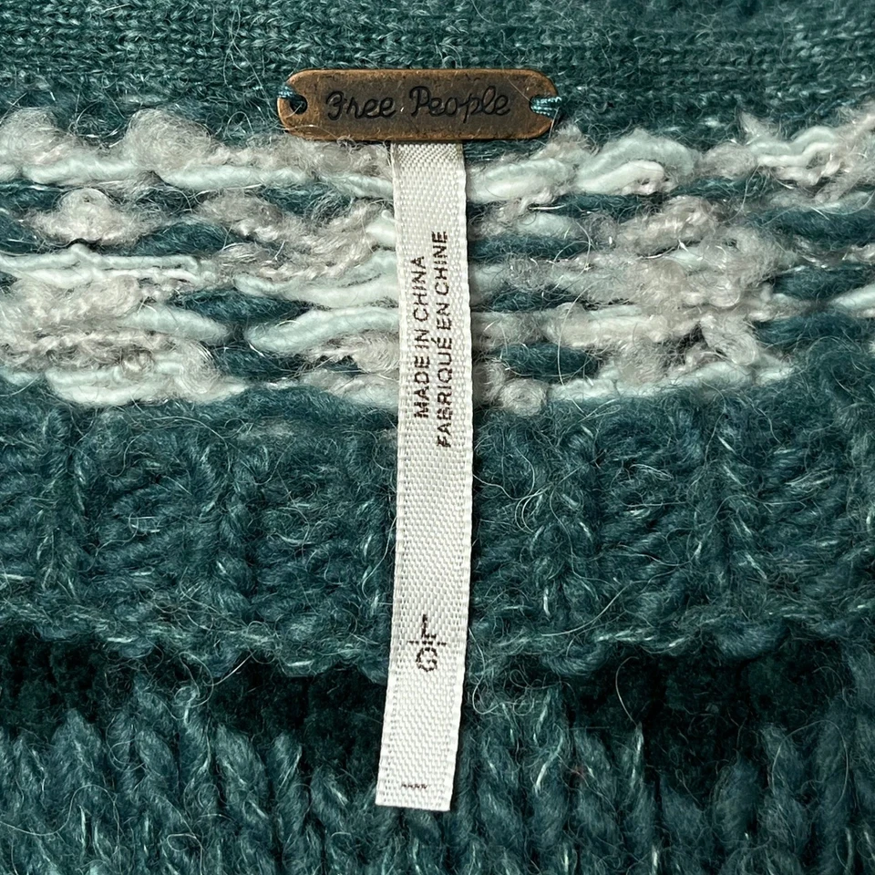 Free People Sweater Women Large Teal Fair Isle Pullover Knit Long Sleeve - Image 2 of 4
