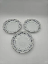 3 Vintage Empress China Japan Delft Blue Flower Soup Bowls Silver Trim 