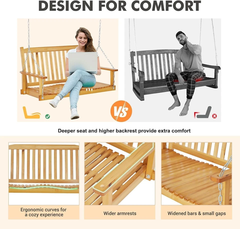 Columpio de porche de madera para exteriores de 4 pies con cadenas de hierro ajustables y respaldo ergonómico Foto 4 de 4