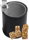 (6) 16mm Transparent Glitter Yellow Dice + PU Leather Grey Felt Lined Cup Boxed — photo 1