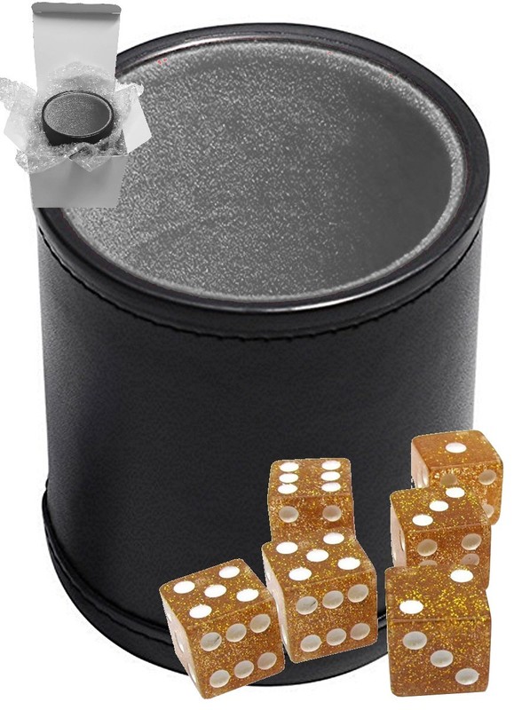 (6) 16mm Transparent Glitter Yellow Dice + PU Leather Grey Felt Lined Cup Boxed