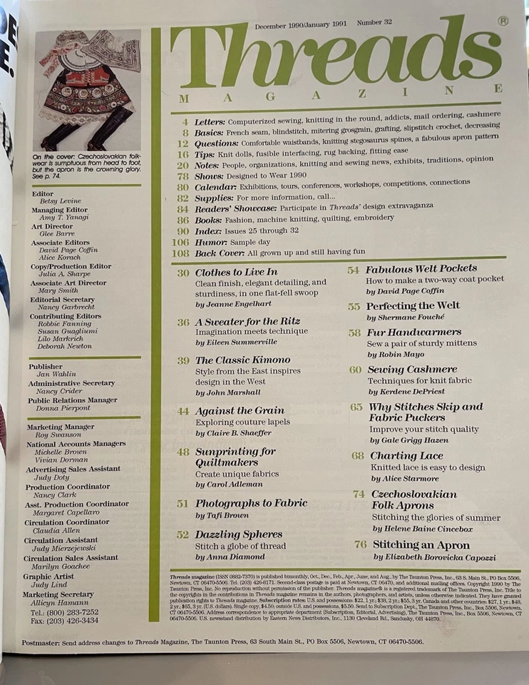 VTG. Threads Magazine Dec 1990 Embroidery Czech Apron Knitting Sewing Needlework - Image 4 of 4