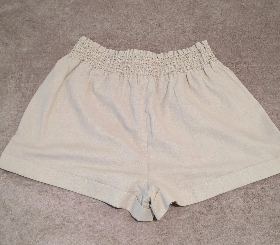 Pantalones Cortos Forever 21 Mujer Beige Crema L Mezcla de Lino Cordón Preppy Playa Foto 4 de 4