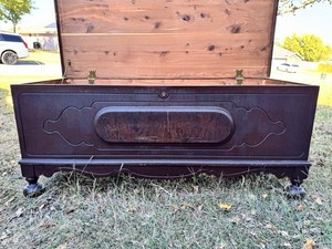 Cavalier Cedar Chest Trunk Brown Wood Lockable Carvings Hinged Lid Antique