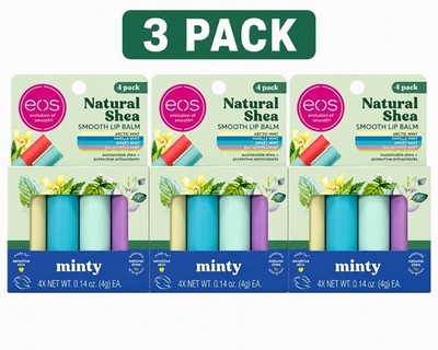 THREE -  4 PACKS EOS Natural Shea Smooth Lip Balm, Minty - Variety Pack Total 12