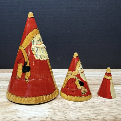 4.75" Hand Made Cone Shaped Russian Santa Claus Wooden Matryoshka Dolls Set Of 3 - Picture 2 of 13