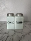 Vintage 1930s McKee Milk glass Salt And Pepper Shakers. Square. 4 1/2” Tall.