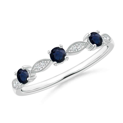 Three Stone Round Blue Sapphire 925 Sterling Silver Eternity Stackable Ring