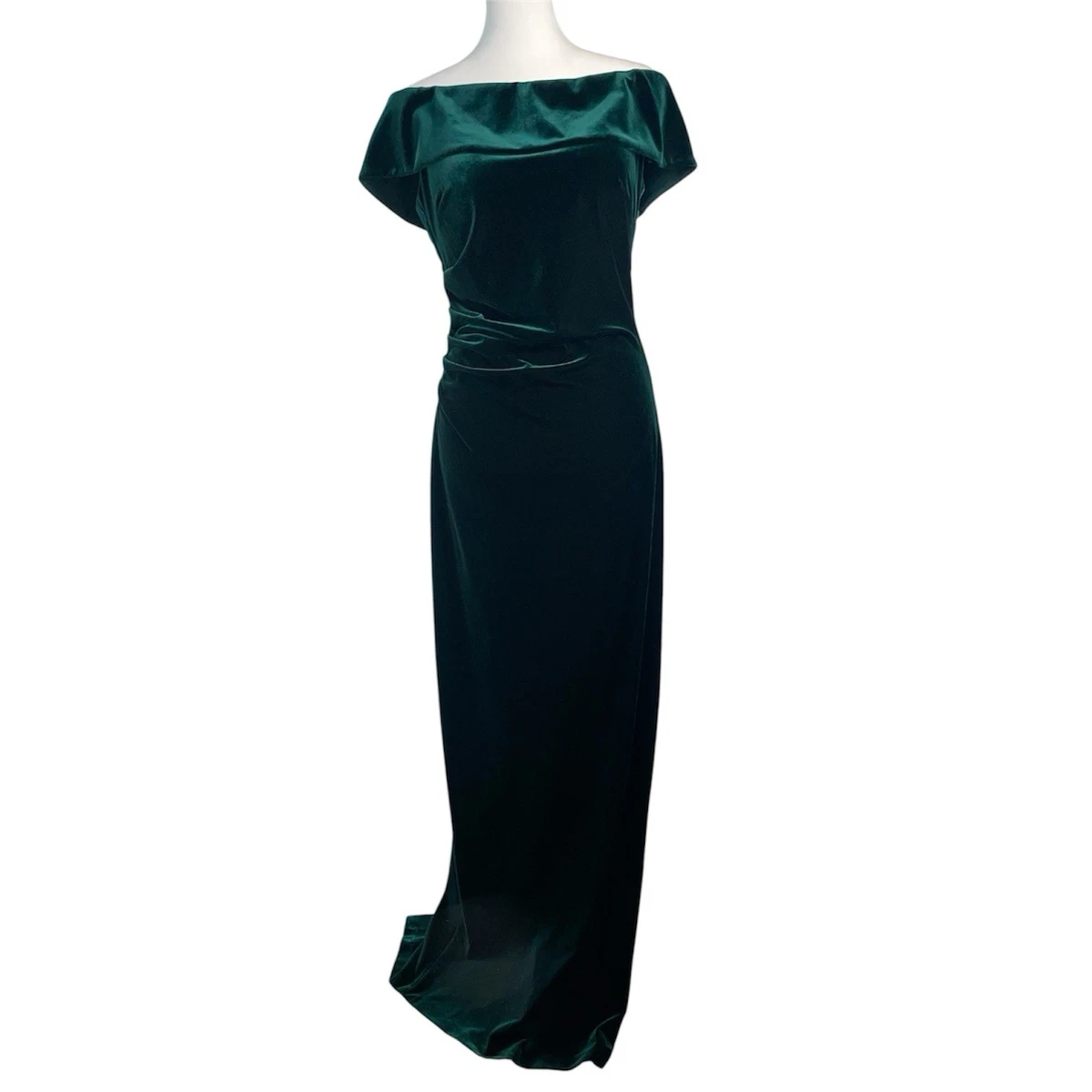 green emerald velvet dress Alana" Long Off the Shoulder Velvet Ruffle Dress