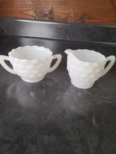 Hazel Atlas Cubist Milk Glass Cream and Sugar Set Vintage 1960s
