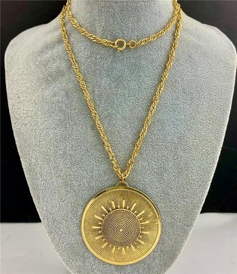1960's Freirich Gold Tone Sunburst Design Large Round Pendant Necklace 30'' Long