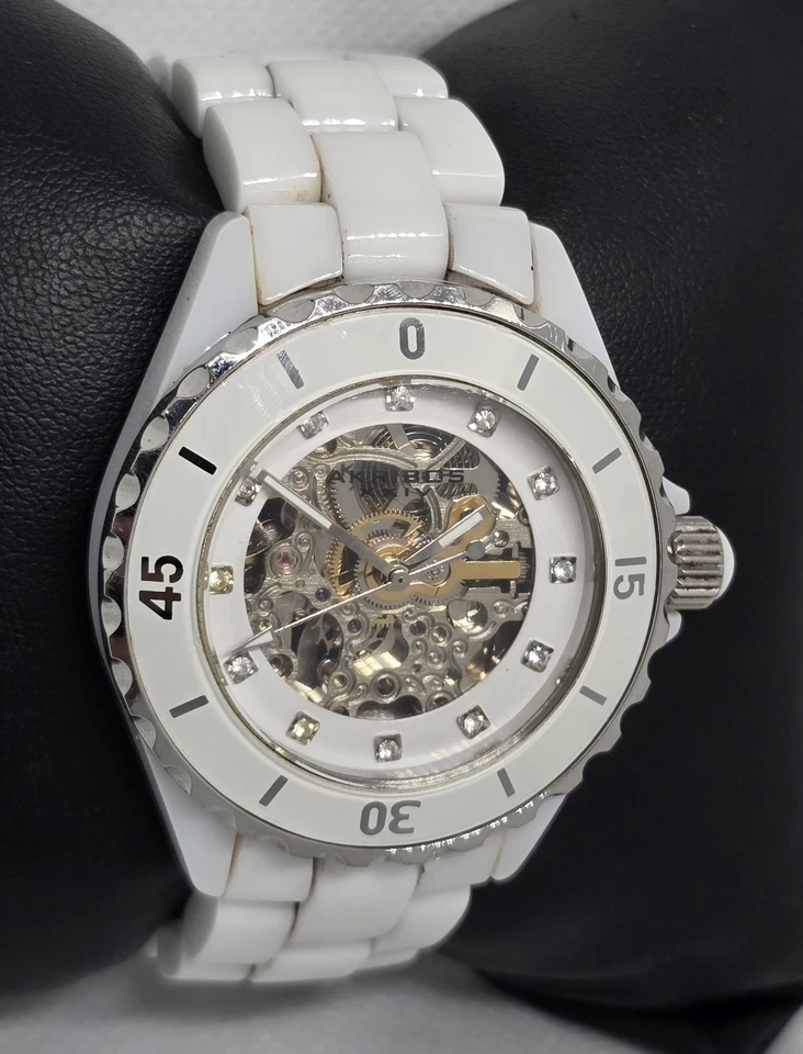 Women's Akribos XXIV White Ceramic Automatic Skeleton Crystal Bezel Watch 09 - Image 3 of 4