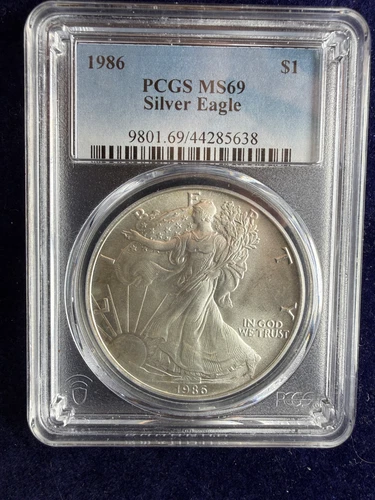 1986 1 oz Silver American Eagle PCGS MS69 Near Perfect, Unusual Tone Patch Cheap
