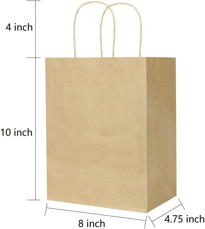 100 Pcs Brown 8x4.75x10 Medium Gift Bags with Handles, Birthday Gift