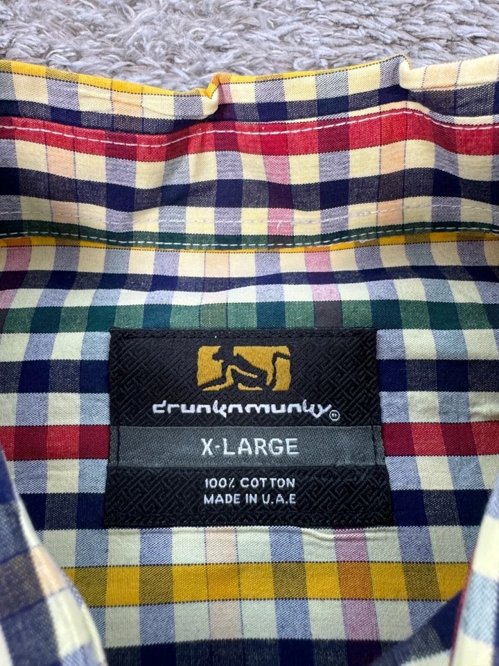 Drunknmunky Shirt Mens XL Yellow Madras Plaid Button Down Vtg Made In USA 90s - Image 3 of 4