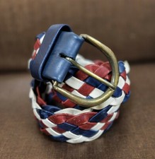 Vintage 70s Boho Disco Leather Woven Braided Belt Red White Blue Brass Buckle