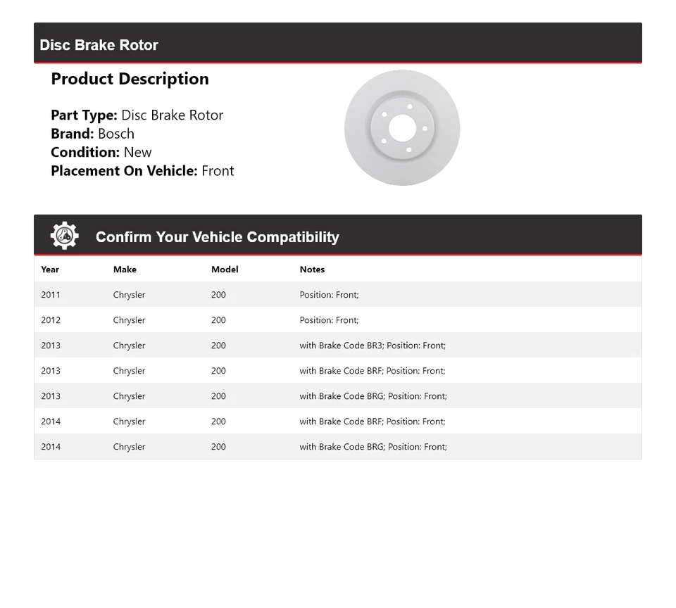 Rotor de freno de disco delantero para Chrysler 200 Bosch QuietCast 2011-2014 2012 2013 Foto 2 de 4