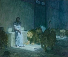 Ｏｉｌ　ｐａｉｎｔｉｎｇ Daniel in the Lions' Den LACMA figures with wild animals on canvas