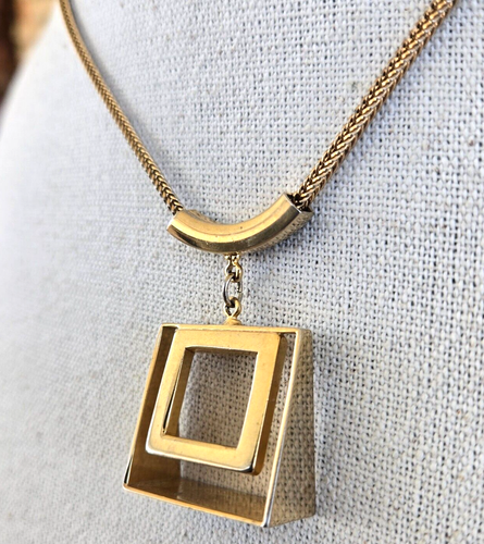 Vintage Modernist Square Pendant Gold Tone Foxtail Chain Necklace 18" - Picture 6 of 10