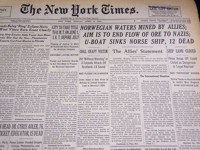 1940 APRIL 8 NEW YORK TIMES - NORWEGIAN WATERS MINED - NT 2897