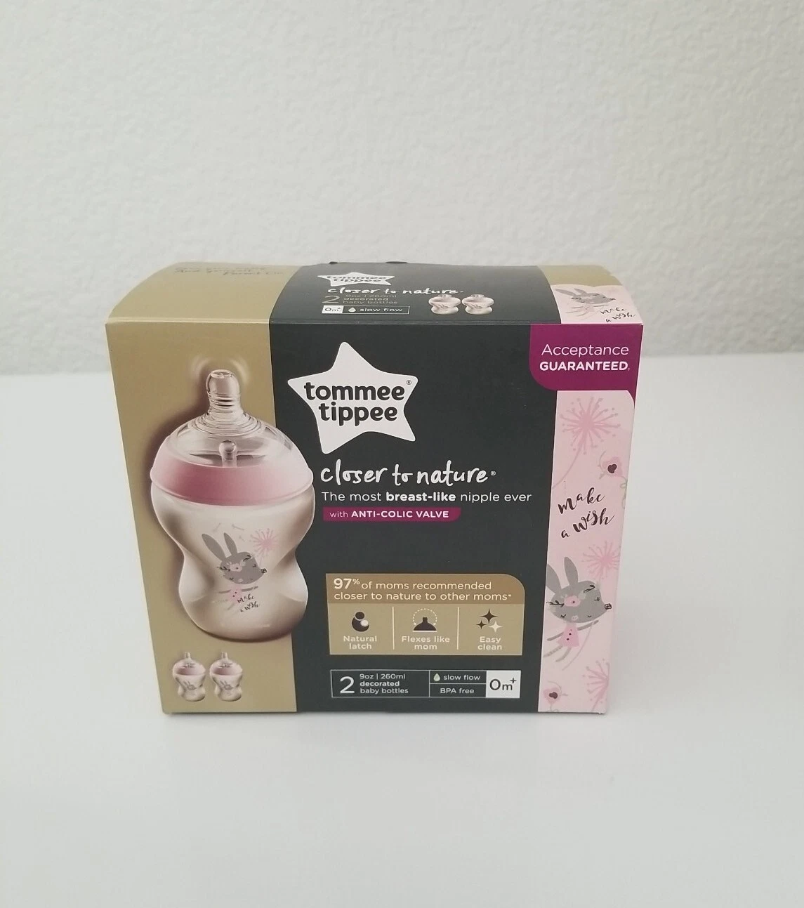 Tommee Tippee Closer to Nature Anti Colic 0m+ Baby 9 oz BPA Free 2 Bottles NEW