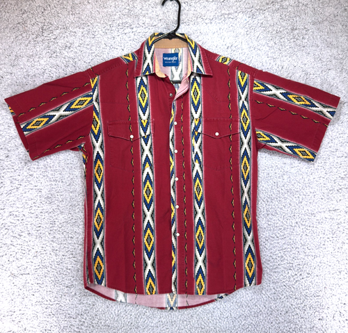 VTG 90s Wrangler Western Shirt Red Aztec Brush Popper Pearl Snap Men's Sz Medium