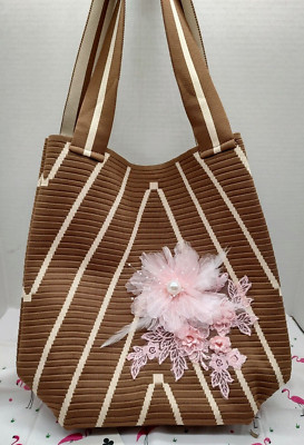OOAK Handbag Purse Taupe Chevron Tote Pink Flower Trim Sturdy Fashion (4/C)