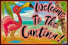 ¡BIENVENIDO FLAMENCO A CANTINA! SIGNO DE METAL PARA TODO CLIMA 8"X12" TIKI BAR PLAYA CASITA