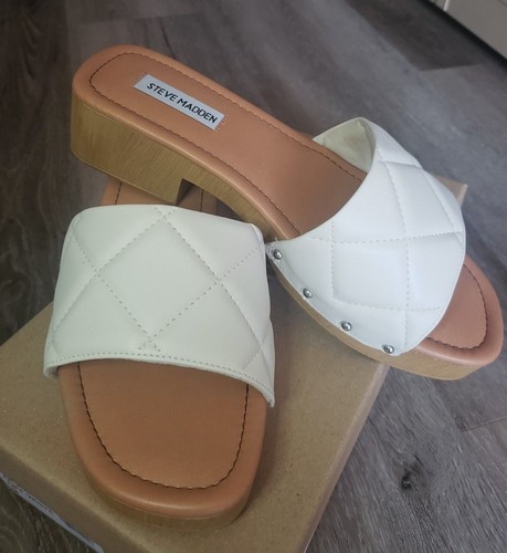 Steve Madden Size 9 Women Off White Quilted Wooden Platform Slide Mule Sandals - Picture 7 of 7