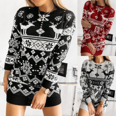 Womens Novelty Christmas Jumper Dress Xmas Novelty Reindeer