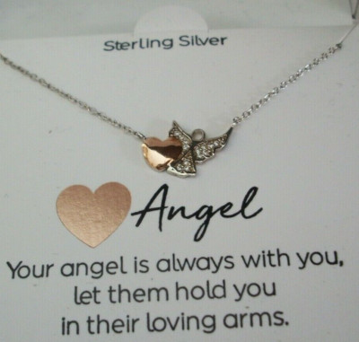 Angel With Heart Necklace Cubic Zirconias Sterling Silver Special Gift of Love