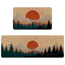 Boho Sunshine Kitchen Rugs and Mat Set of 2,Sunrise Sunset Nature Abstract Ae...