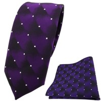 Schmale Tigertie Krawatte + Einstecktuch Lila Violett Silber Gepunktet
