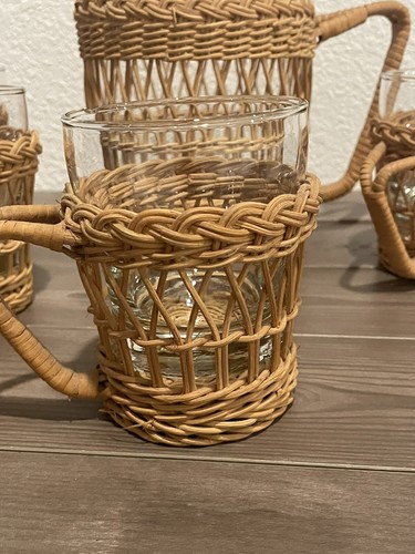 Vintage Rattan Wicker Juice Pitcher & Glasses Set Woven Handle 10 Piece Boho MCM - Picture 3 of 10