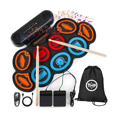 Electric Drum Set 9-Pad, Portable Roll-up Drum Pad USB MIDI, Built-in Speaker...
